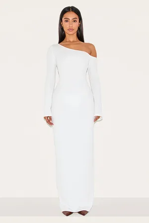 PRETTYLITTLETHING Petite Cream Asymmetric Ribbed Maxi Dress