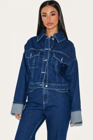 PRETTYLITTLETHING Petite Denim Turn Up Sleeve Cropped Jacket