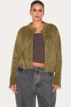 PRETTYLITTLETHING Plus Khaki Eyelash Knitted Cardigan
