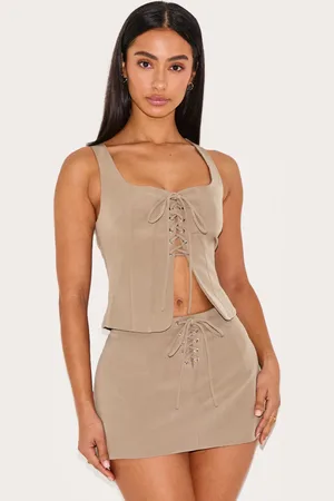 PRETTYLITTLETHING Petite Khaki Woven Lace Up Corset
