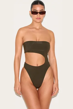 PRETTYLITTLETHING Khaki Bandeau Cut Out High Leg Swimsuit