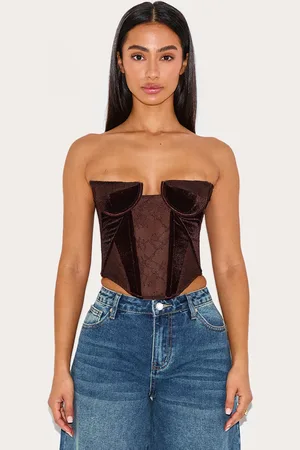 PRETTYLITTLETHING Petite Bandeau Velvet Corset With Lace Details