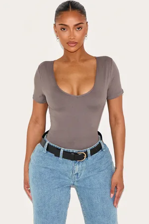 PRETTYLITTLETHING Shape Charcoal Sculpted V Neck Short Sleeve Bodysuit