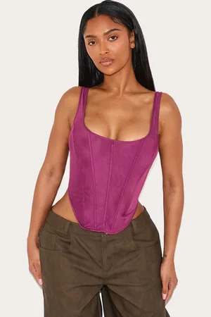 PRETTYLITTLETHING Shape Wine Mesh Square Neck Corset Top