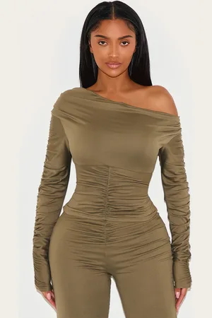 PRETTYLITTLETHING Shape Olive Super Soft Off Shoulder Ruched Underbust Top