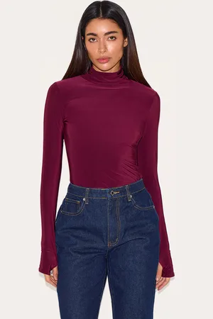 PRETTYLITTLETHING Plum Slinky High Neck Thumb Detail Long Sleeve Top