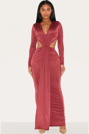 PRETTYLITTLETHING Shape Burgundy Deep Plunge Open Back Maxi Dress