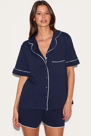 PRETTYLITTLETHING Navy Jersey Piping Detail Short PJ Set