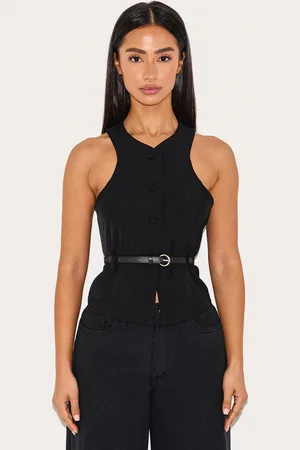 PRETTYLITTLETHING Petite Racer Belt Detail Longline Waistcoat