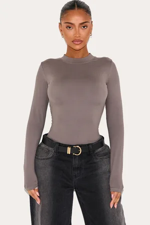 PRETTYLITTLETHING Shape Charcoal Sculpted Long Sleeve Bodysuit