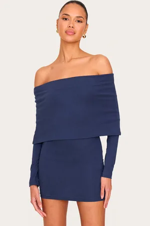 PRETTYLITTLETHING Navy Cotton Super Oversized Bardot Mini Dress