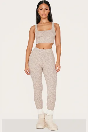 PRETTYLITTLETHING Petite Taupe Rib Knit Leggings