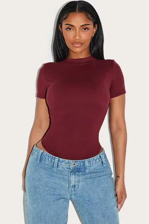 PRETTYLITTLETHING Shape Burgundy Sculpted Short Sleeve Bodysuit