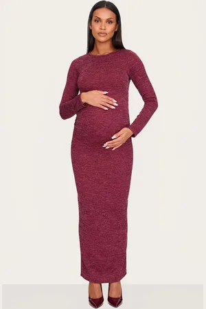 PRETTYLITTLETHING Maternity Burgundy Rib Ruched Maxi Dress
