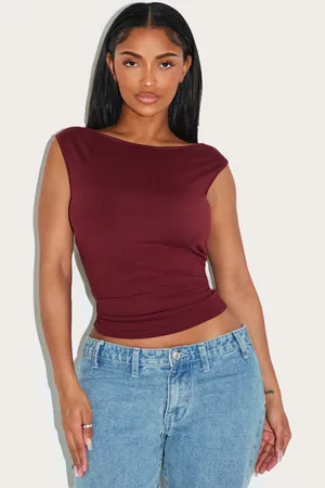 PRETTYLITTLETHING Shape Burgundy Sculpt High Neck Ruched Top