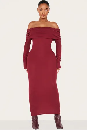 PRETTYLITTLETHING Shape Burgundy Rib Bardot Long Sleeve Maxi Dress