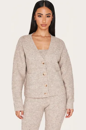 PRETTYLITTLETHING Petite Taupe Rib Knit Oversized Cardigan