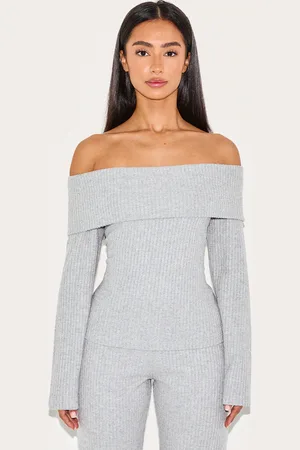 PRETTYLITTLETHING Petite Ribbed Bardot Long Top