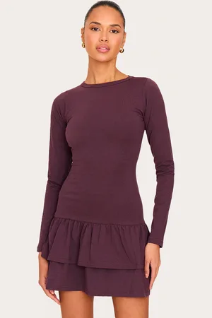 PRETTYLITTLETHING Plum Cotton Long Sleeve Tiered Shift Dress