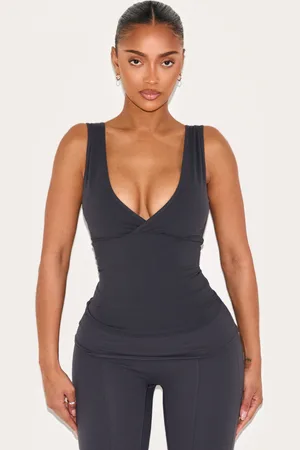 PRETTYLITTLETHING Shape Charcoal Sculpt Active Wrap V Neck Long Line Top