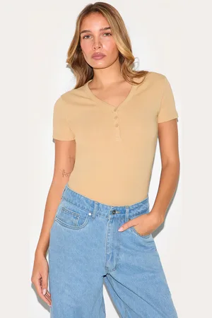 PRETTYLITTLETHING Stone Premium Interlock Button Down Short Sleeve Bodysuit