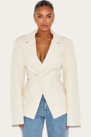 PRETTYLITTLETHING Shape Cream Tailored Asymmetrical Cross Over Adjustable Waist Blazer