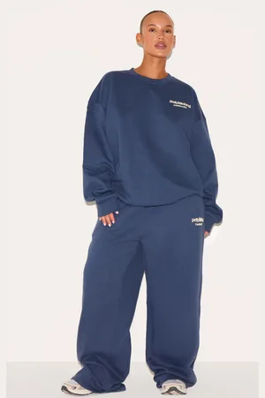 PRETTYLITTLETHING Plus Navy Printed Premium Straight Leg Joggers
