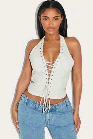 PRETTYLITTLETHING Shape Cream Washed Faux Leather Halter Neck Lace Up Corset