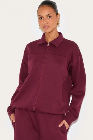 PRETTYLITTLETHING Burgundy Zip Though Collared Sweatshirt