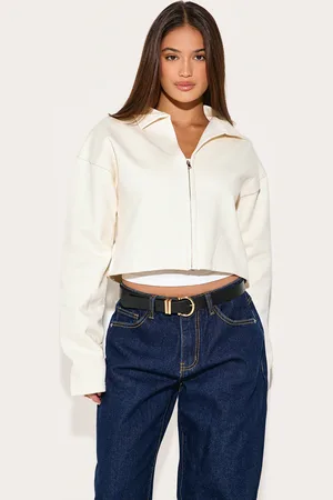 PRETTYLITTLETHING Cream Premium Boxy Sweat Zip Up Polo