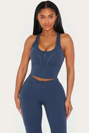 PRETTYLITTLETHING Shape Navy Sculpt Active Zip Front Cupped Long Line Sport Bra