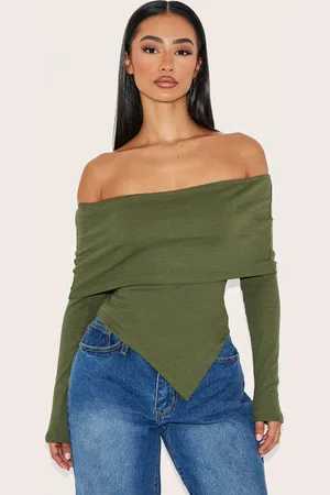 PRETTYLITTLETHING Petite Khaki Bardot Asymmetric Ribbed Hem Top