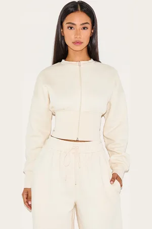 PRETTYLITTLETHING Petite Cream Elasticated Hem Zip Up Sweatshirt