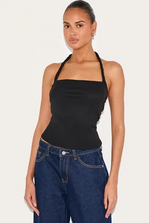 PRETTYLITTLETHING Burnout Mesh Twist Halter Neck Long Top