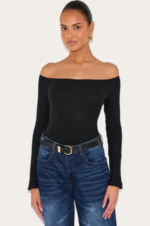 PRETTYLITTLETHING Brushed Rib Bardot Long Sleeve Bodysuit