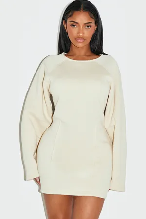 PRETTYLITTLETHING Shape Cream Cinched Waist Cocoon Sleeve Sweatshirt Dress