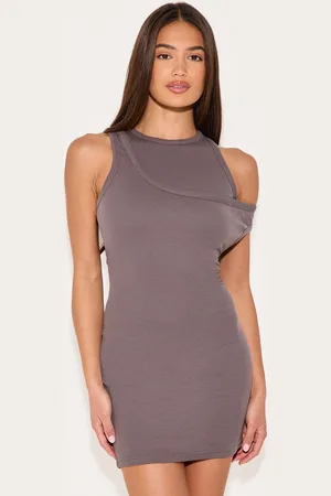 PRETTYLITTLETHING Dark Asymmetric Ribbed Bodycon Dress