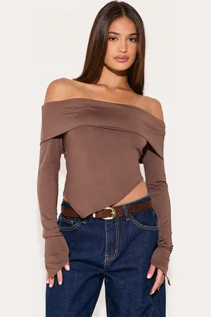 PRETTYLITTLETHING Taupe Slinky Bardot Asymmetric Long Top