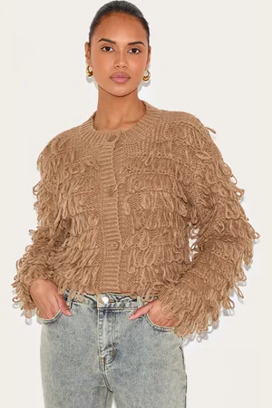 PRETTYLITTLETHING Taupe Loop Knit Crew Neck Button Up Cardigan