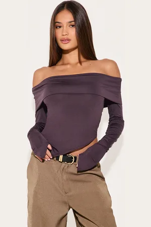 PRETTYLITTLETHING Plum Slinky Bardot Asymmetric Long Top