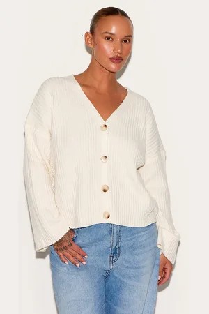 PRETTYLITTLETHING Plus Cream Knit Rib Button Cardigan