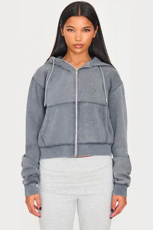 PRETTYLITTLETHING Charcoal Washed Embroidered Zip Up Hoodie