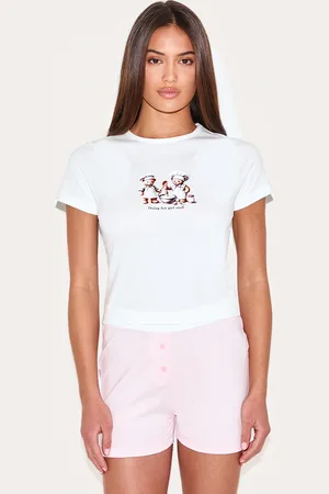 PRETTYLITTLETHING Cream Teddy Print Boxer Short PJ Set