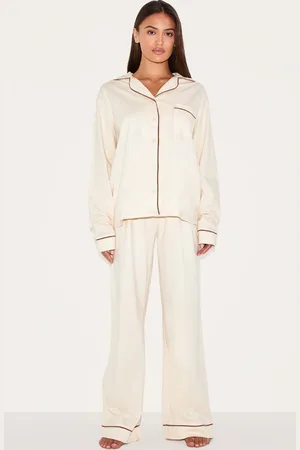 PRETTYLITTLETHING Cream Jersey Contrast Piping Detail Long Pj Set