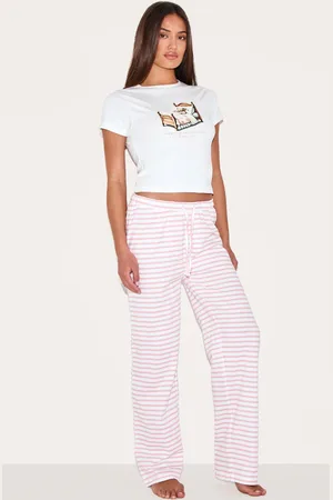 PRETTYLITTLETHING Cream Teddy Print Stripe Long Pj Set