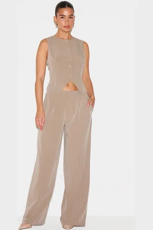 PRETTYLITTLETHING Beige Tailored Woven Pinstripe Wide Leg Trousers