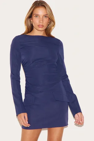 PRETTYLITTLETHING Navy Tailored Woven Ruched Detail Long Sleeve Bodycon Dress