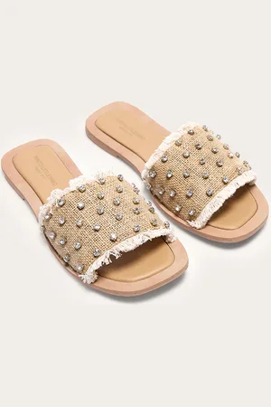 PRETTYLITTLETHING Cream Wide Fit Round Toe Raffia Fringed Diamante Woven Flat Mule Sandals