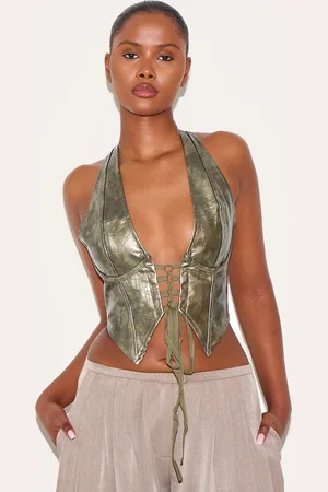 PRETTYLITTLETHING Washed Faux Leather Lace Up Plunge Halterneck Top
