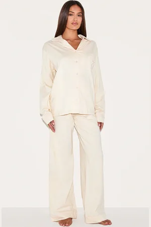 PRETTYLITTLETHING Cream Bow Embroidered Jersey Contrast Piping Long Pj Set